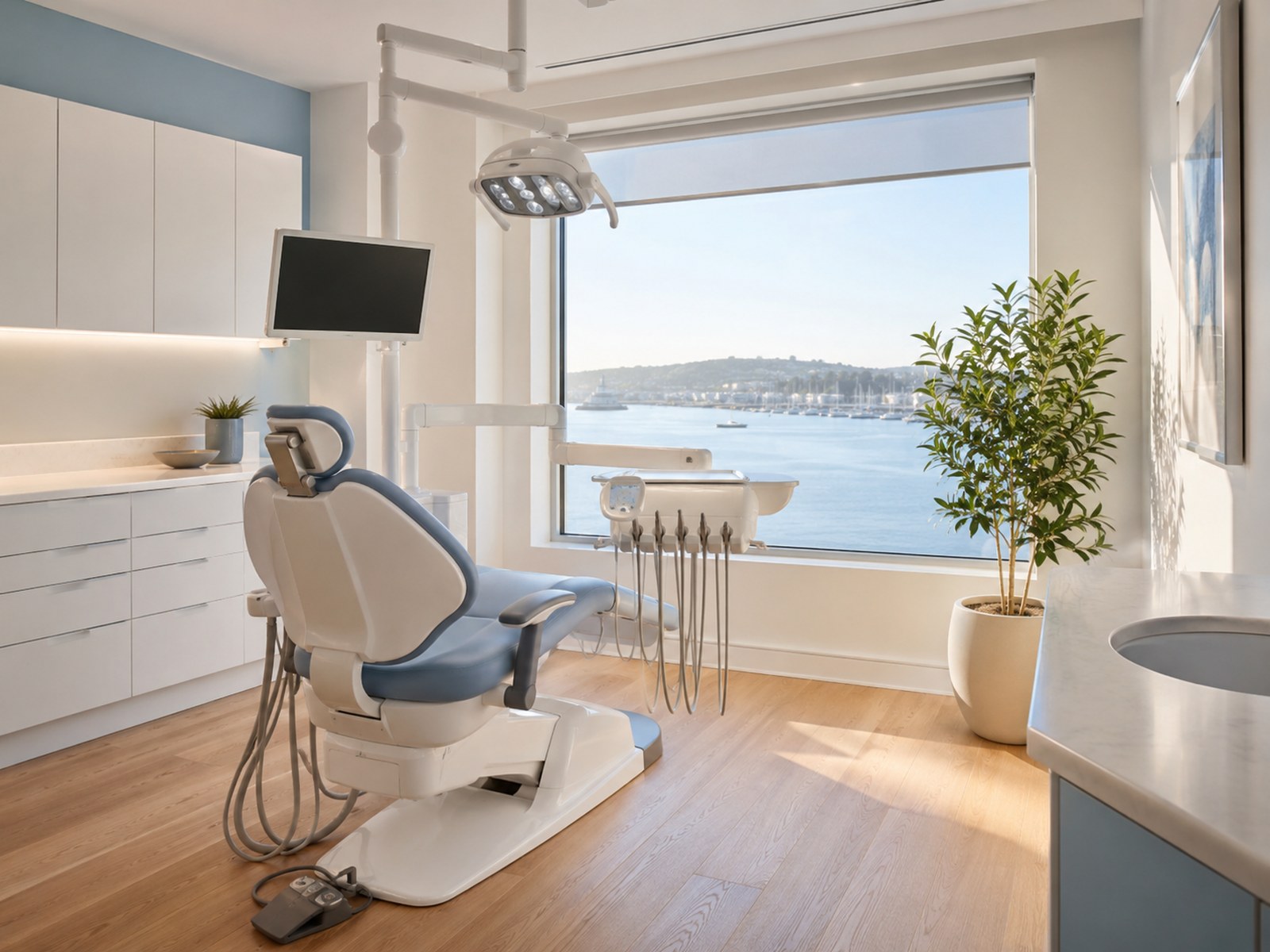 A calm, light-filled treatment room at Harborlight Dental Studio