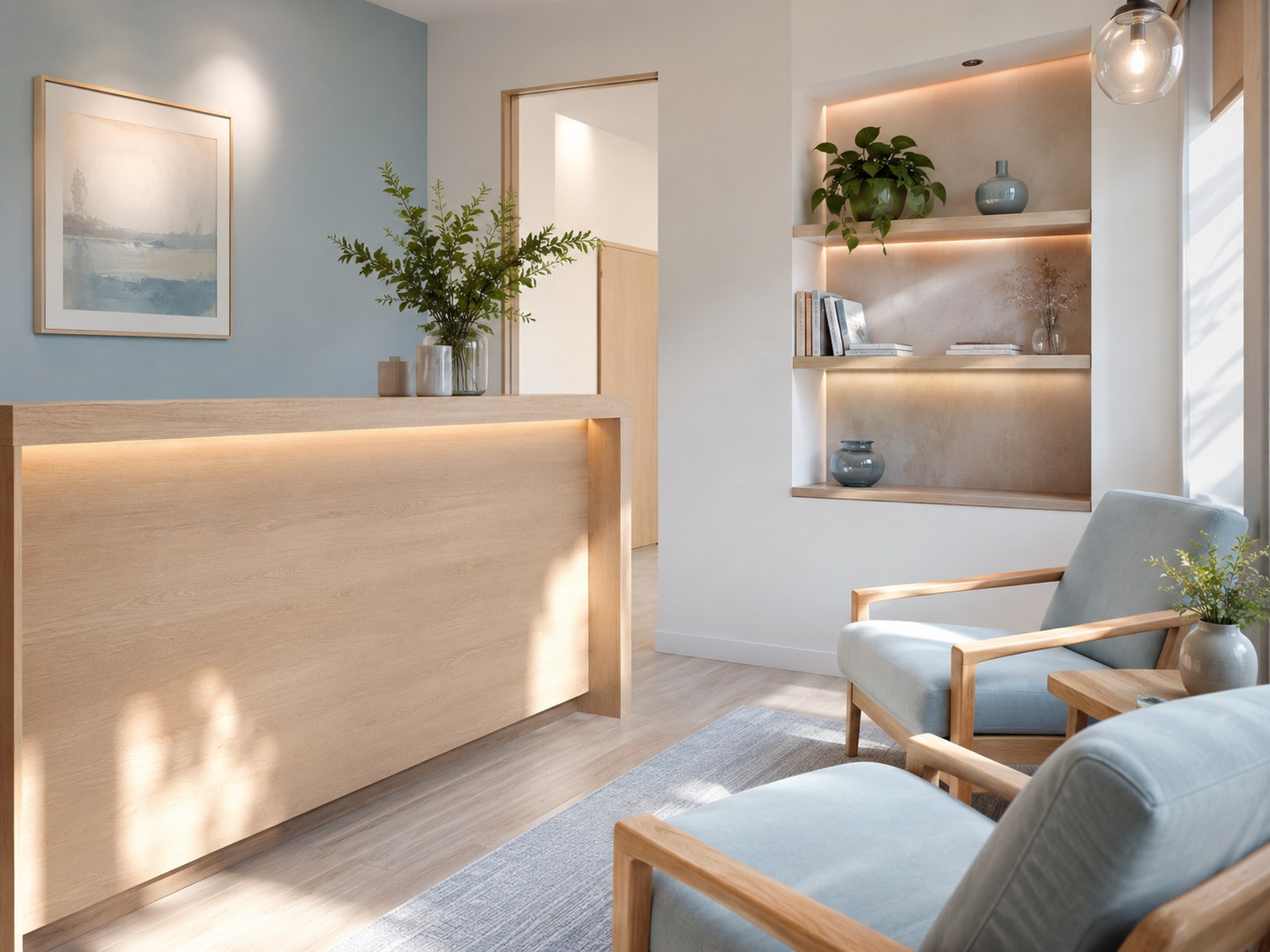 The front desk and waiting nook at Harborlight Dental Studio